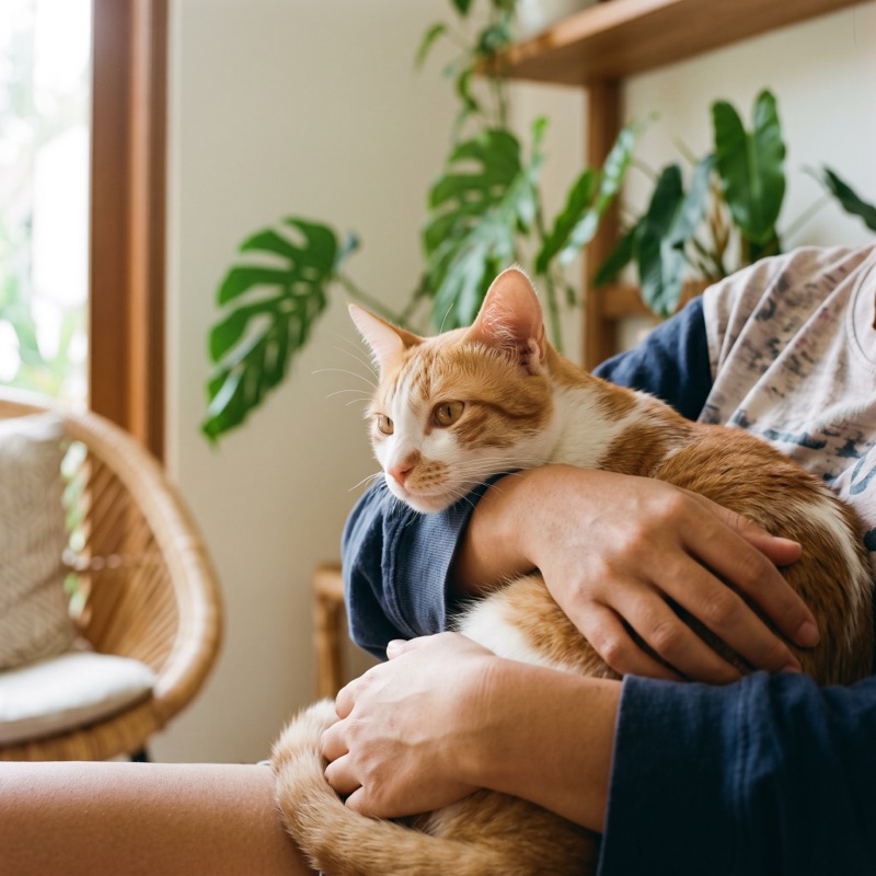 Kucing oren digendong pemiliknya di ruang tamu